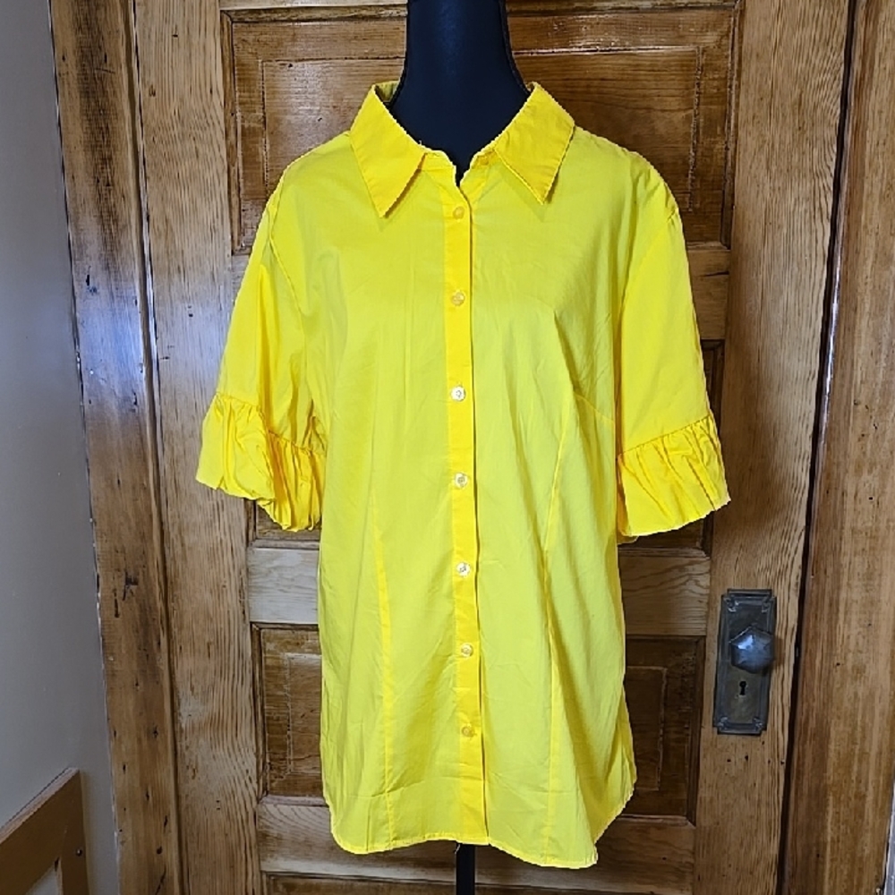 Ashley Stewart Sunny Yellow Button-Down Short Ruffle Sleeve Shirt - Picture 1 of 5